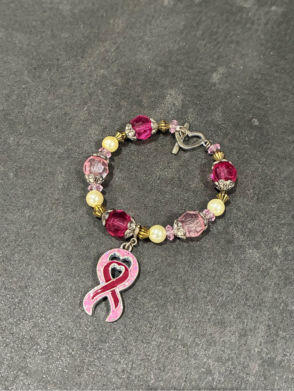 Pink Ribbon Beaded Charm Bracelet - Women's Pink Awareness Jewelry